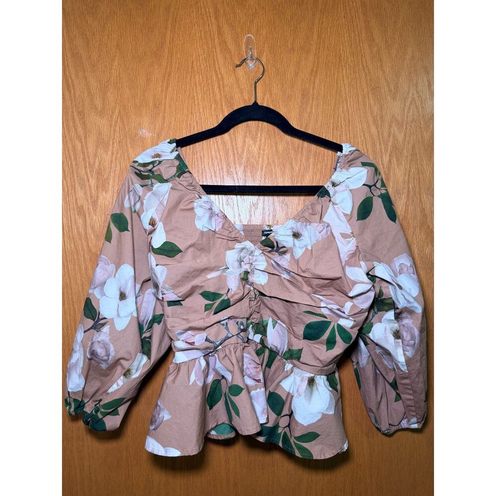 Express Women’s Brown Floral Ruched V Neck, Peplum, Puff Sleeve Blouse Size M